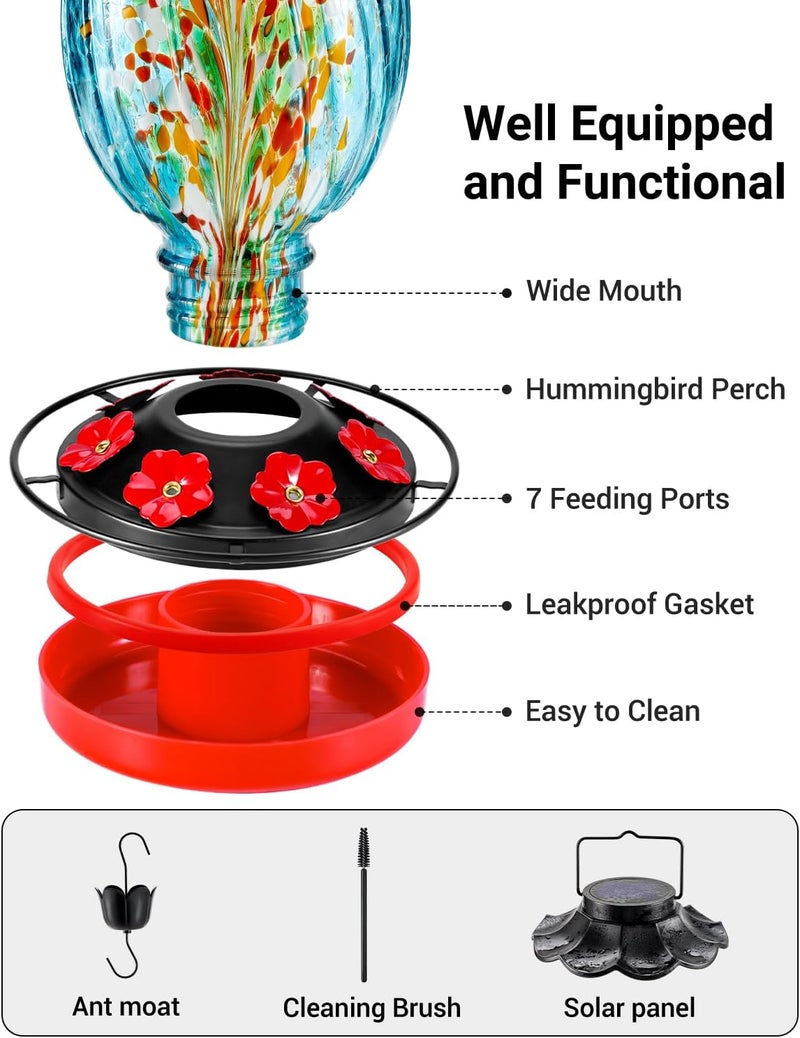 HouseSapp Solar Hummingbird Feeder - 49 fl.oz Hand Blown Glass Color Changing - 7 Feeding Ports with Perch - Never Leak - Perfect Hummingbird Feeder for Outdoors Hanging (Blue) - Image 3